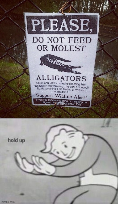 Those poor gators! | image tagged in fallout hold up,alligator,funny signs | made w/ Imgflip meme maker