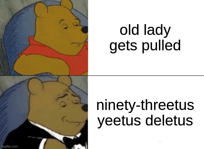 Tuxedo Winnie The Pooh Meme | old lady gets pulled ninety-threetus yeetus deletus | image tagged in memes,tuxedo winnie the pooh | made w/ Imgflip meme maker