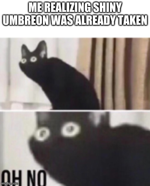 I have made an error | ME REALIZING SHINY UMBREON WAS ALREADY TAKEN | image tagged in oh no cat | made w/ Imgflip meme maker