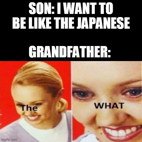 do it jimmy lol | SON: I WANT TO BE LIKE THE JAPANESE; GRANDFATHER: | image tagged in the what,japanese,ww2,world war 2 | made w/ Imgflip meme maker