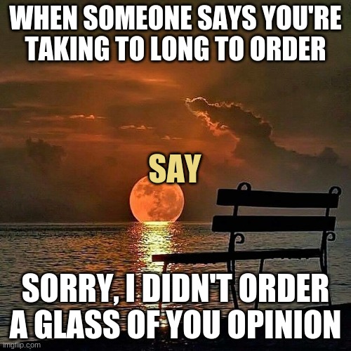 Insults | WHEN SOMEONE SAYS YOU'RE TAKING TO LONG TO ORDER; SAY; SORRY, I DIDN'T ORDER A GLASS OF YOU OPINION | image tagged in romantic sunset,insult,comeback | made w/ Imgflip meme maker