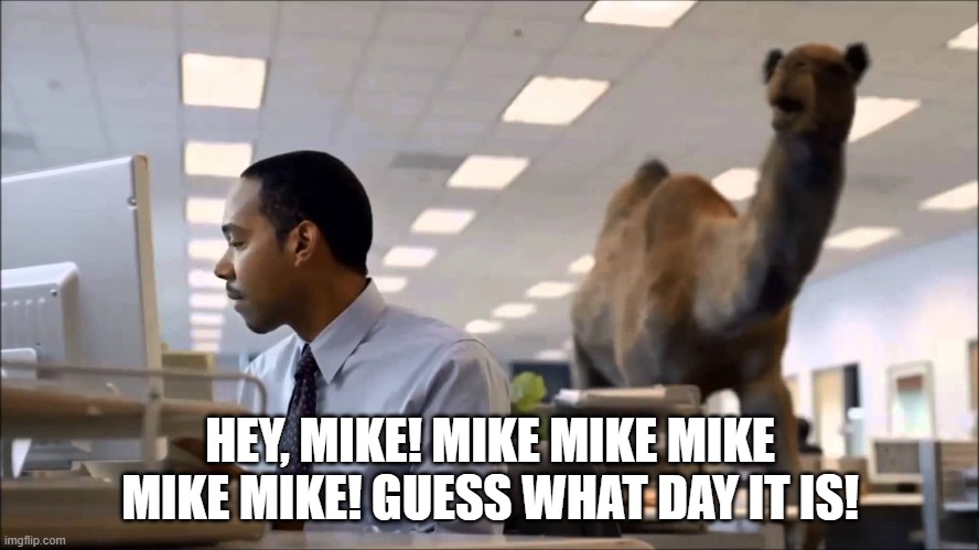 Mike Mike Mike Mike Mike! | HEY, MIKE! MIKE MIKE MIKE MIKE MIKE! GUESS WHAT DAY IT IS! | image tagged in geico camel,happy hump day | made w/ Imgflip meme maker