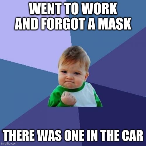 Success Kid | WENT TO WORK AND FORGOT A MASK; THERE WAS ONE IN THE CAR | image tagged in memes,success kid | made w/ Imgflip meme maker