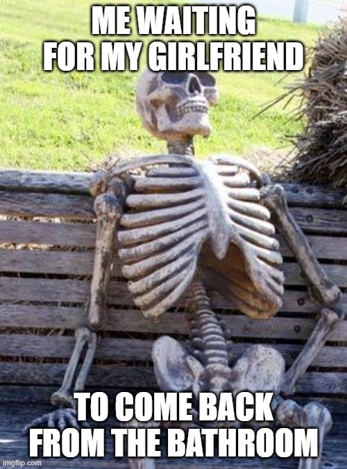 Waiting Skeleton | ME WAITING FOR MY GIRLFRIEND; TO COME BACK FROM THE BATHROOM | image tagged in memes,waiting skeleton | made w/ Imgflip meme maker