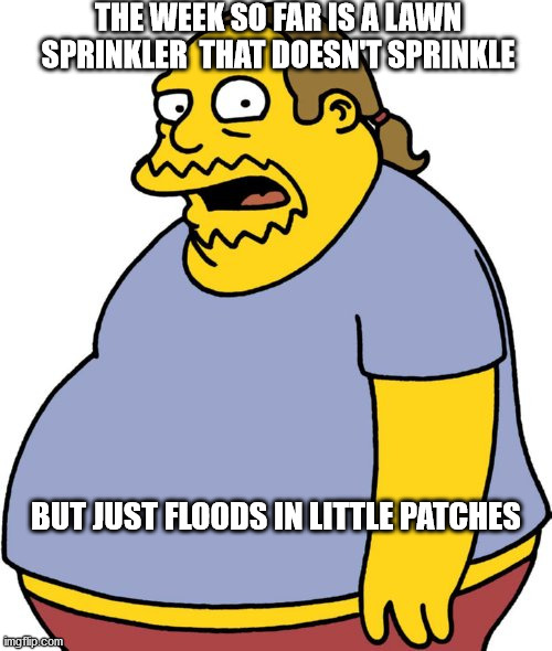 Comic Book Guy | THE WEEK SO FAR IS A LAWN SPRINKLER  THAT DOESN'T SPRINKLE; BUT JUST FLOODS IN LITTLE PATCHES | image tagged in memes,comic book guy | made w/ Imgflip meme maker