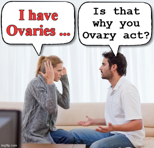 Funny for some of you. | Is that why you Ovary act? I have Ovaries ... | image tagged in argue memes,relationship,angry woman,men | made w/ Imgflip meme maker
