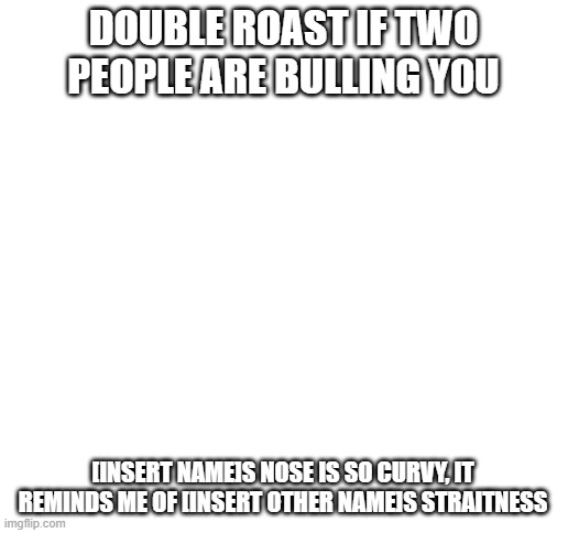 Blank White Template | DOUBLE ROAST IF TWO PEOPLE ARE BULLING YOU; [INSERT NAME]S NOSE IS SO CURVY, IT REMINDS ME OF [INSERT OTHER NAME]S STRAITNESS | image tagged in blank white template | made w/ Imgflip meme maker