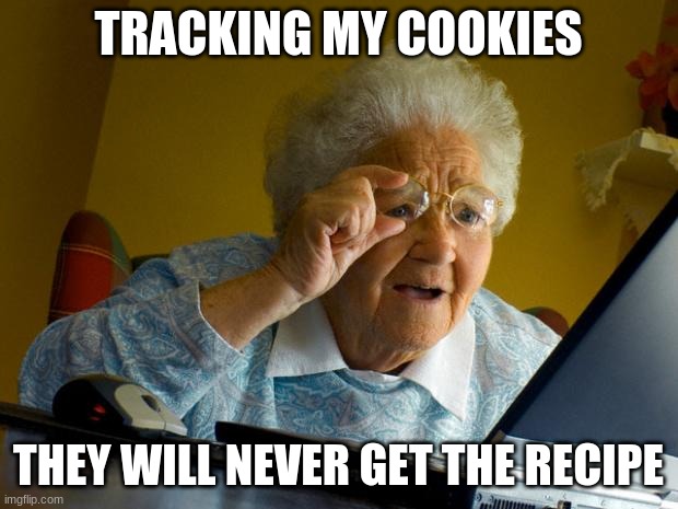 Old lady at computer finds the Internet | TRACKING MY COOKIES; THEY WILL NEVER GET THE RECIPE | image tagged in old lady at computer finds the internet | made w/ Imgflip meme maker