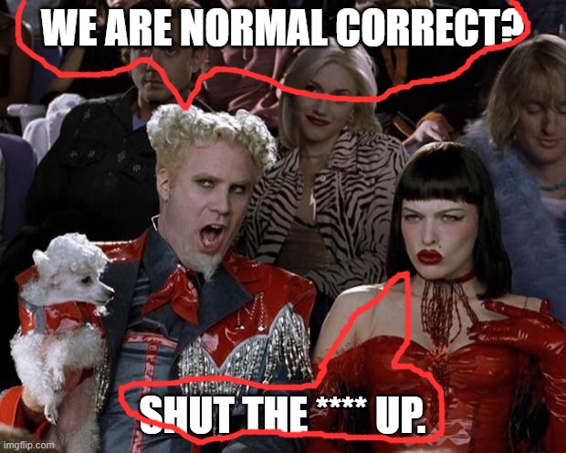 Mugatu So Hot Right Now | WE ARE NORMAL CORRECT? SHUT THE **** UP. | image tagged in memes,mugatu so hot right now | made w/ Imgflip meme maker