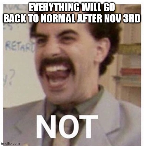 BOrat | EVERYTHING WILL GO BACK TO NORMAL AFTER NOV 3RD | image tagged in borat | made w/ Imgflip meme maker