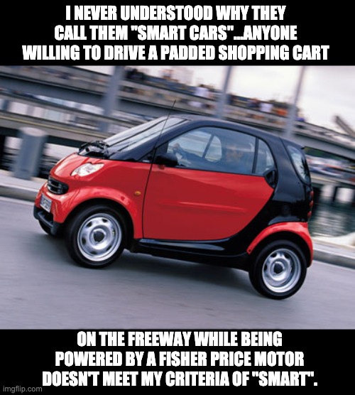 Smart Car? | I NEVER UNDERSTOOD WHY THEY CALL THEM "SMART CARS"...ANYONE WILLING TO DRIVE A PADDED SHOPPING CART; ON THE FREEWAY WHILE BEING POWERED BY A FISHER PRICE MOTOR DOESN'T MEET MY CRITERIA OF "SMART". | image tagged in smart car | made w/ Imgflip meme maker