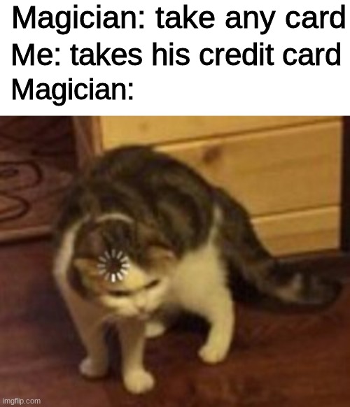 that's how magiafia works | Magician: take any card; Me: takes his credit card; Magician: | image tagged in blank white template,loading cat,funny,memes | made w/ Imgflip meme maker