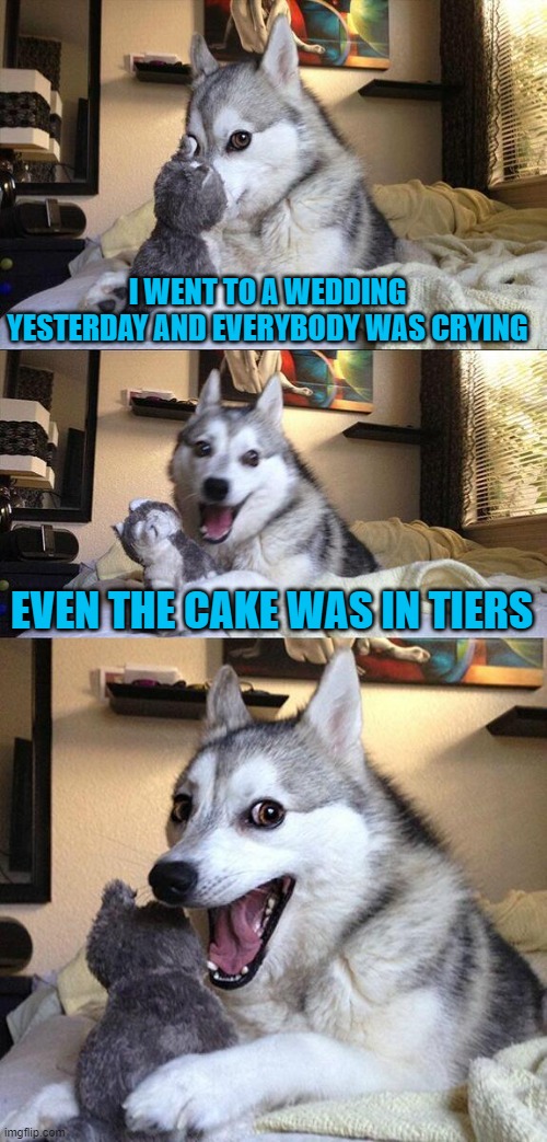 The Wedding | I WENT TO A WEDDING YESTERDAY AND EVERYBODY WAS CRYING; EVEN THE CAKE WAS IN TIERS | image tagged in bad pun dog,wedding,cake,crying | made w/ Imgflip meme maker