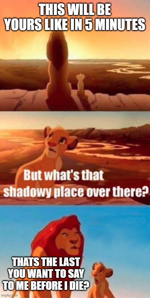Simba Shadowy Place Meme | THIS WILL BE YOURS LIKE IN 5 MINUTES; THATS THE LAST YOU WANT TO SAY TO ME BEFORE I DIE? | image tagged in memes,simba shadowy place | made w/ Imgflip meme maker