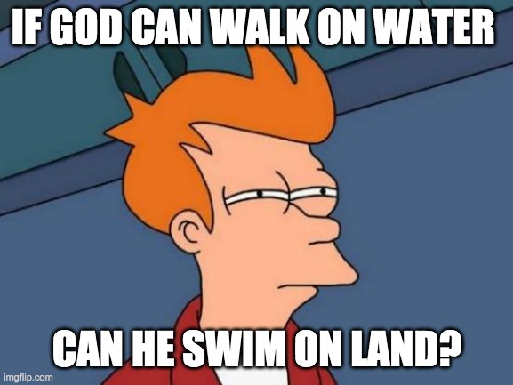 Hmmm.. | IF GOD CAN WALK ON WATER; CAN HE SWIM ON LAND? | image tagged in memes,futurama fry | made w/ Imgflip meme maker