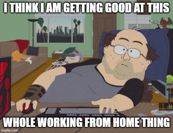 RPG Fan Meme | I THINK I AM GETTING GOOD AT THIS; WHOLE WORKING FROM HOME THING | image tagged in memes,rpg fan,2020,working from home | made w/ Imgflip meme maker