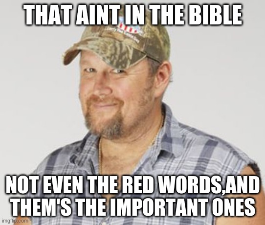 Larry The Cable Guy Meme | THAT AINT IN THE BIBLE; NOT EVEN THE RED WORDS,AND THEM'S THE IMPORTANT ONES | image tagged in memes,larry the cable guy | made w/ Imgflip meme maker