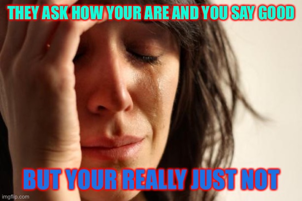 First World Problems | THEY ASK HOW YOUR ARE AND YOU SAY GOOD; BUT YOUR REALLY JUST NOT | image tagged in memes,first world problems | made w/ Imgflip meme maker