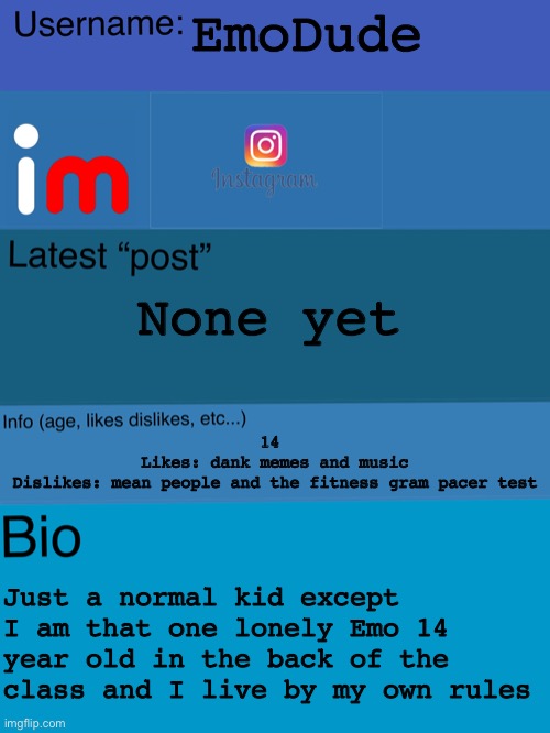My profile page | EmoDude; None yet; 14 
Likes: dank memes and music
Dislikes: mean people and the fitness gram pacer test; Just a normal kid except I am that one lonely Emo 14 year old in the back of the class and I live by my own rules | image tagged in imgflip insta | made w/ Imgflip meme maker