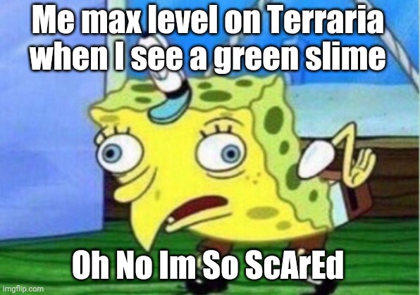 Mocking Spongebob | Me max level on Terraria when I see a green slime; Oh No Im So ScArEd | image tagged in memes,mocking spongebob | made w/ Imgflip meme maker