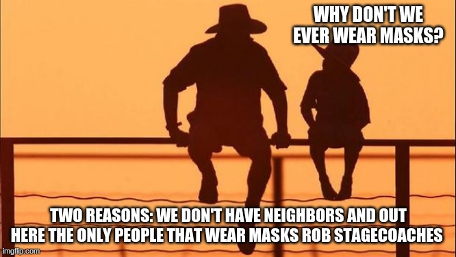Cowboy Wisdom on wearing masks | WHY DON'T WE EVER WEAR MASKS? TWO REASONS: WE DON'T HAVE NEIGHBORS AND OUT HERE THE ONLY PEOPLE THAT WEAR MASKS ROB STAGECOACHES | image tagged in cowboy father and son,we do not need masks,cowboy wisdom,protect stagecoaches,raccons wear masks,you wear one for me | made w/ Imgflip meme maker