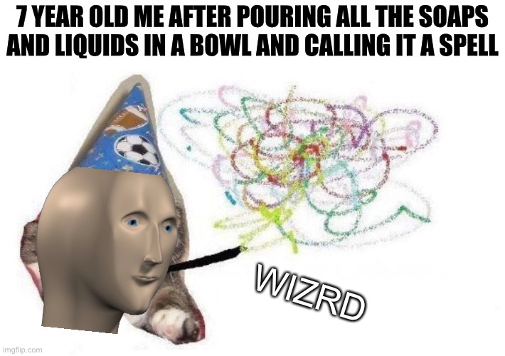 Is this a good enough meme | 7 YEAR OLD ME AFTER POURING ALL THE SOAPS AND LIQUIDS IN A BOWL AND CALLING IT A SPELL; WIZRD | image tagged in wizard cat | made w/ Imgflip meme maker