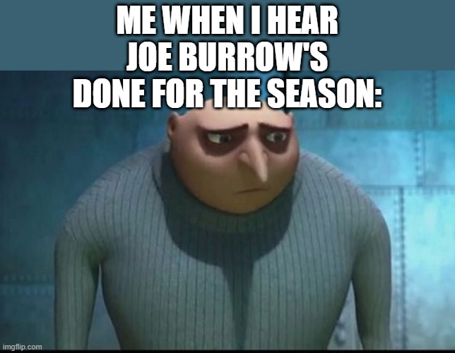 one of the most impressive rookies | ME WHEN I HEAR JOE BURROW'S DONE FOR THE SEASON: | image tagged in sad gru,memes,joe burrow,nfl,football,injury | made w/ Imgflip meme maker