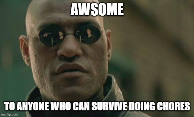 Matrix Morpheus | AWSOME; TO ANYONE WHO CAN SURVIVE DOING CHORES | image tagged in memes,matrix morpheus | made w/ Imgflip meme maker
