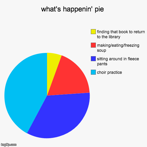 what's happenin' pie | choir practice, sitting around in fleece pants, making/eating/freezing soup, finding that book to return to the libra | image tagged in funny,pie charts | made w/ Imgflip chart maker