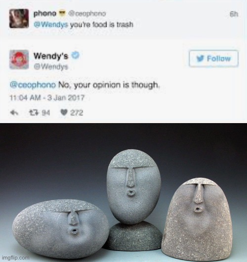 Damn Wendy’s is savage! | image tagged in oof stones,wendy's,roasted,funny memes,memes,funny | made w/ Imgflip meme maker