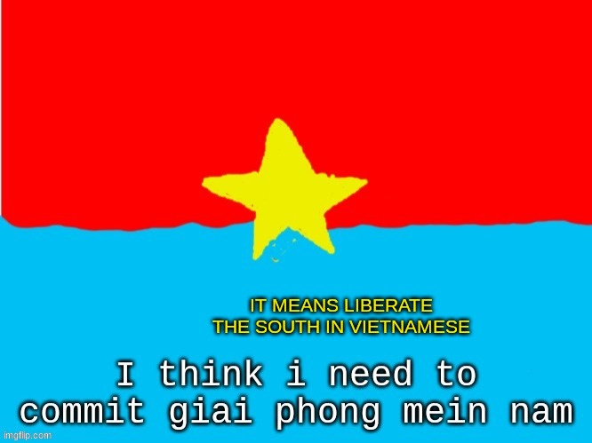 viet cong thing | IT MEANS LIBERATE THE SOUTH IN VIETNAMESE | image tagged in viet cong thing | made w/ Imgflip meme maker