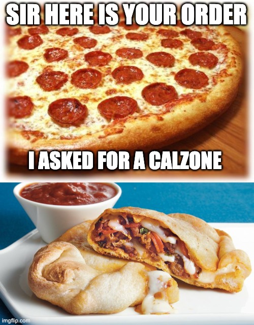 SIR HERE IS YOUR ORDER; I ASKED FOR A CALZONE | image tagged in coming out pizza | made w/ Imgflip meme maker