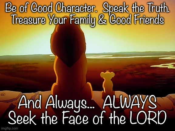 Lion King | Be of Good Character.  Speak the Truth.
Treasure Your Family & Good Friends; And Always...  ALWAYS
Seek the Face of the LORD | image tagged in memes,lion king | made w/ Imgflip meme maker