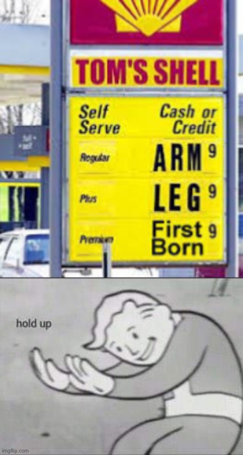 Costs an arm and a leg... literally speaking | image tagged in fallout hold up,memes,funny,expressions,stupid signs,sales | made w/ Imgflip meme maker