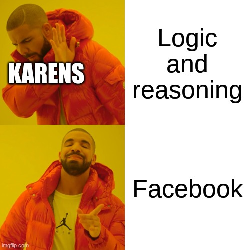 hello | Logic and reasoning; KARENS; Facebook | image tagged in memes,drake hotline bling | made w/ Imgflip meme maker