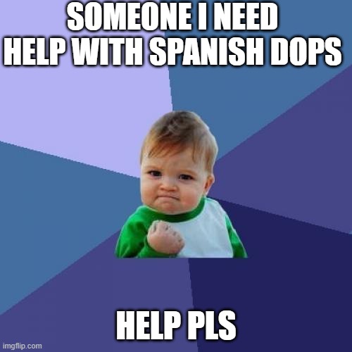 Success Kid | SOMEONE I NEED HELP WITH SPANISH DOPS; HELP PLS | image tagged in memes,success kid | made w/ Imgflip meme maker