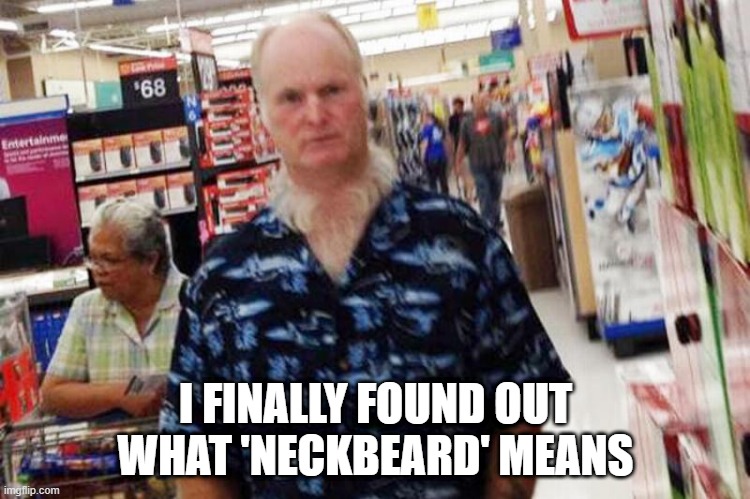TIL Something at Walmart | I FINALLY FOUND OUT WHAT 'NECKBEARD' MEANS | image tagged in neck,beard,hair,people of walmart | made w/ Imgflip meme maker