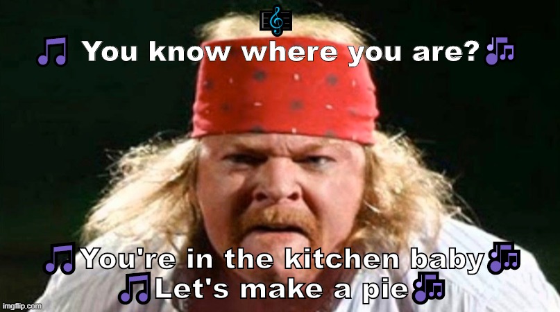 You know where you are ??? | 🎼
🎵 You know where you are?🎶; 🎵You're in the kitchen baby🎶
🎵Let's make a pie🎶 | image tagged in funny,axl rose,heavy metal,hard rock,meme,guns n roses | made w/ Imgflip meme maker