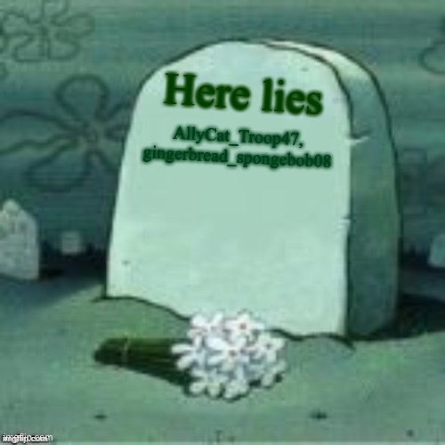 We lost for good guys | Here lies; AllyCat_Troop47,
gingerbread_spongebob08 | image tagged in here lies x | made w/ Imgflip meme maker