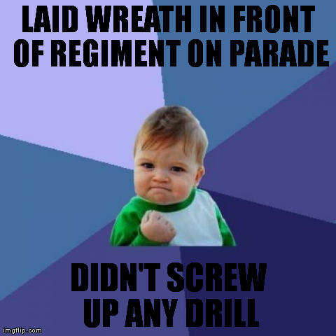 Success Kid Meme | LAID WREATH IN FRONT OF REGIMENT ON PARADE DIDN'T SCREW UP ANY DRILL | image tagged in memes,success kid | made w/ Imgflip meme maker
