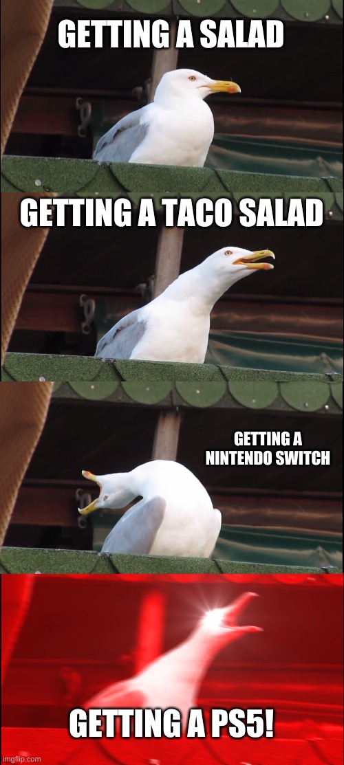 getting stuff be like | GETTING A SALAD; GETTING A TACO SALAD; GETTING A NINTENDO SWITCH; GETTING A PS5! | image tagged in memes,inhaling seagull | made w/ Imgflip meme maker
