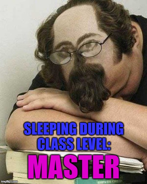 If you're not getting enough sleep in class... | SLEEPING DURING CLASS LEVEL:; MASTER | image tagged in sleeping during class,memes,student,funny,catching some zzzz's,school | made w/ Imgflip meme maker