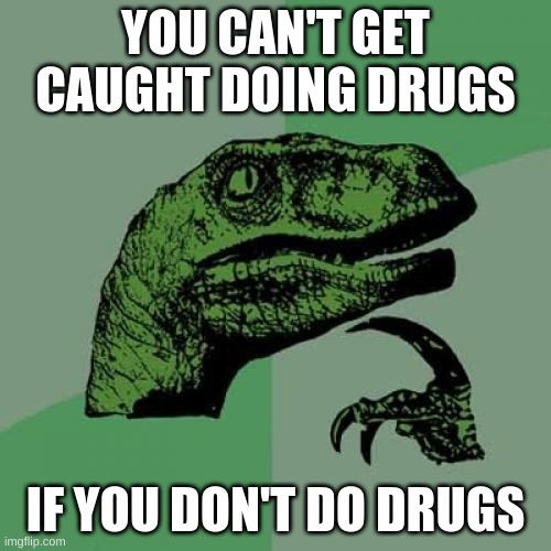 Philosoraptor | YOU CAN'T GET CAUGHT DOING DRUGS; IF YOU DON'T DO DRUGS | image tagged in memes,philosoraptor | made w/ Imgflip meme maker