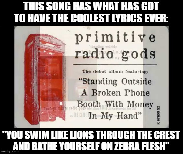 Primitive Radio Gods | THIS SONG HAS WHAT HAS GOT TO HAVE THE COOLEST LYRICS EVER:; "YOU SWIM LIKE LIONS THROUGH THE CREST
AND BATHE YOURSELF ON ZEBRA FLESH" | image tagged in song lyrics | made w/ Imgflip meme maker