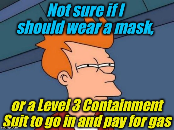 Ridiculousness | Not sure if I should wear a mask, or a Level 3 Containment Suit to go in and pay for gas | image tagged in memes,futurama fry,evilmandoevil,funny,funny memes | made w/ Imgflip meme maker