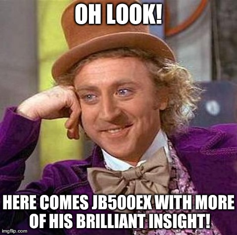 Creepy Condescending Wonka Meme | OH LOOK! HERE COMES JB500EX WITH MORE OF HIS BRILLIANT INSIGHT! | image tagged in memes,creepy condescending wonka | made w/ Imgflip meme maker