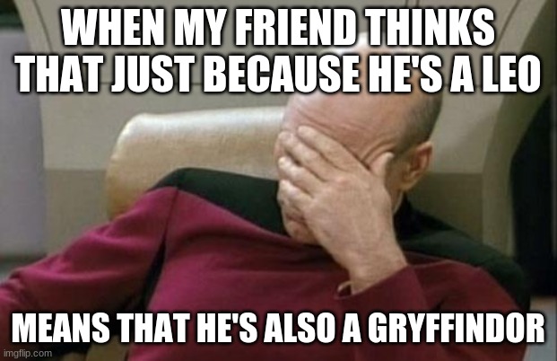 Ever have friends like that? At least, some born under the sign of Leo? | WHEN MY FRIEND THINKS THAT JUST BECAUSE HE'S A LEO; MEANS THAT HE'S ALSO A GRYFFINDOR | image tagged in memes,captain picard facepalm,leo,gryffindor,zodiac,not a true story | made w/ Imgflip meme maker
