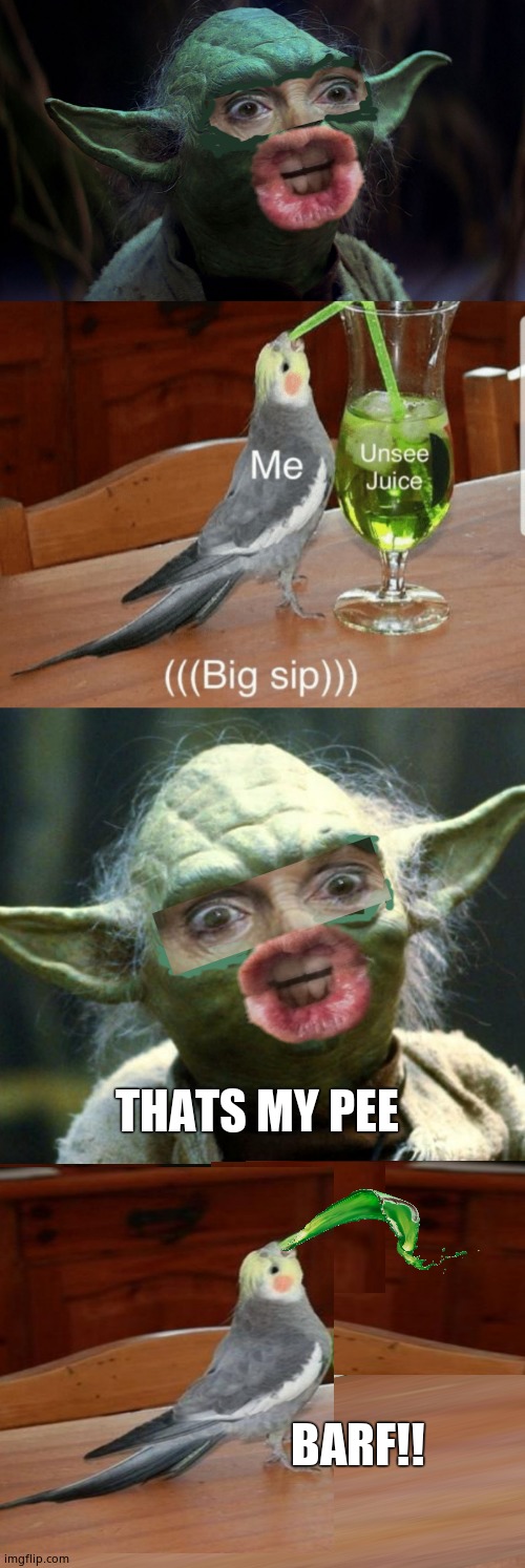 THATS MY PEE; BARF!! | image tagged in may the fourth,unsee juice,memes,star wars yoda,pelosi | made w/ Imgflip meme maker