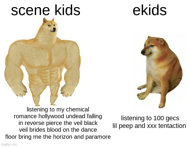 Buff Doge vs. Cheems | scene kids; ekids; listening to my chemical romance hollywood undead falling in reverse pierce the veil black veil brides blood on the dance floor bring me the horizon and paramore; listening to 100 gecs lil peep and xxx tentaction | image tagged in memes,emo,scene,why is the fbi here | made w/ Imgflip meme maker