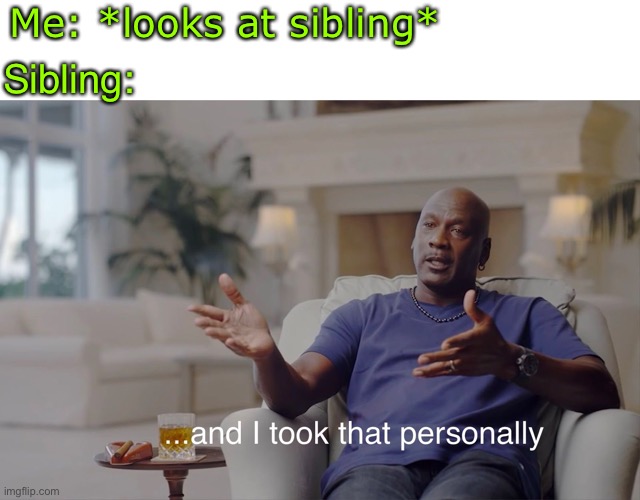 a | Me: *looks at sibling*; Sibling: | image tagged in and i took that personally,brother,sister,siblings | made w/ Imgflip meme maker